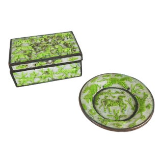 Vintage Lime Green Chinese Repousse Horses Enamel Box and Dish For Sale