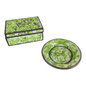 Vintage Lime Green Chinese Repousse Horses Enamel Box and Dish