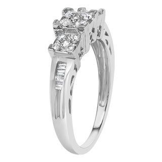 10K White Gold 1/2 Cttw Brilliant & Baguette Cut Diamond 3 Stone Design with 3 Square Clusters Engagement Ring (H-I Color, SI2-I1 Clarity) Size 7-1/4 For Sale