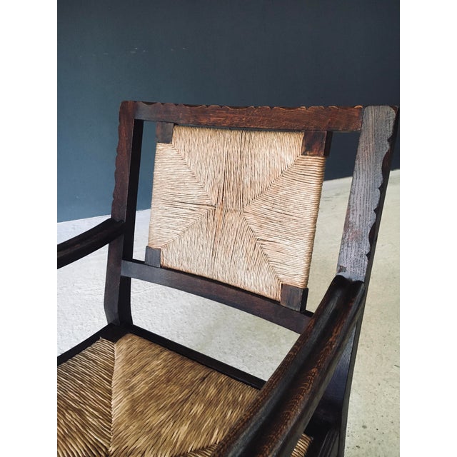 Low Arts & Crafts Oak & Rush Armchair, Belgium 1920s For Sale - Image 11 of 18