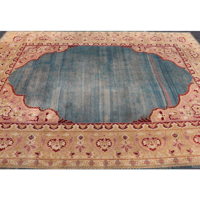 Textile Antique 19th Century Indian Agra Rug in Solid Blue Background For Sale - Image 7 of 14