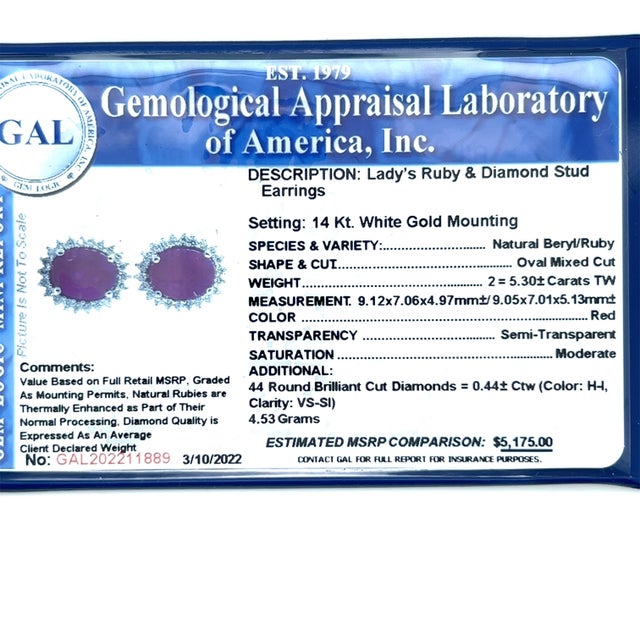 Natural Ruby Diamond Stud Earrings 14k W Gold 5.74 TCW Certified For Sale In New York - Image 6 of 8