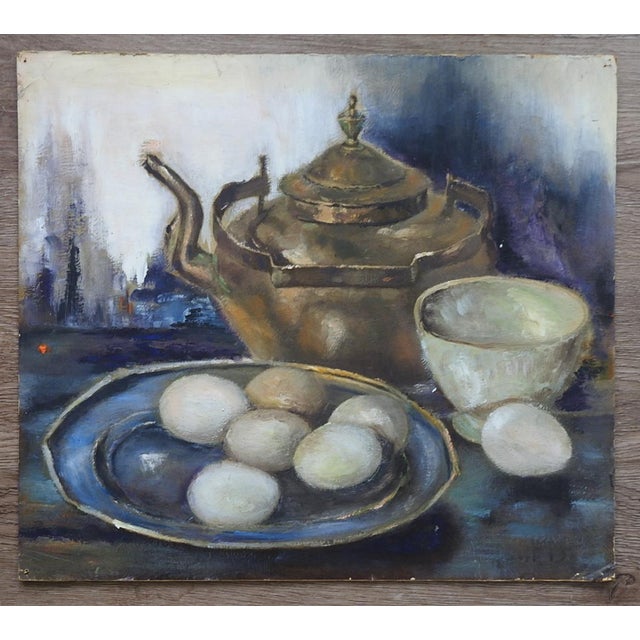 Paper Mid 20th Century Kettle and Eggs Still Life Painting For Sale - Image 7 of 8
