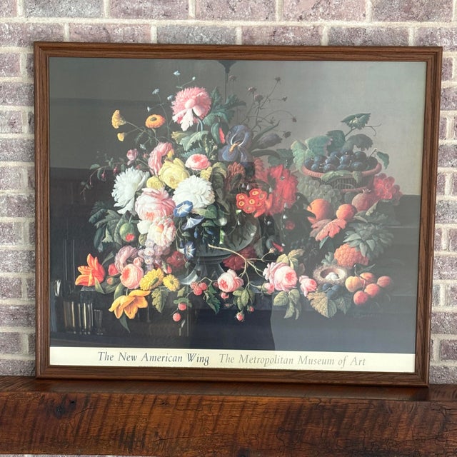French Country 1980 Vintage Framed Met Museum "The New American Wing" Still Life Poster 33" H X 38" W For Sale - Image 3 of 4