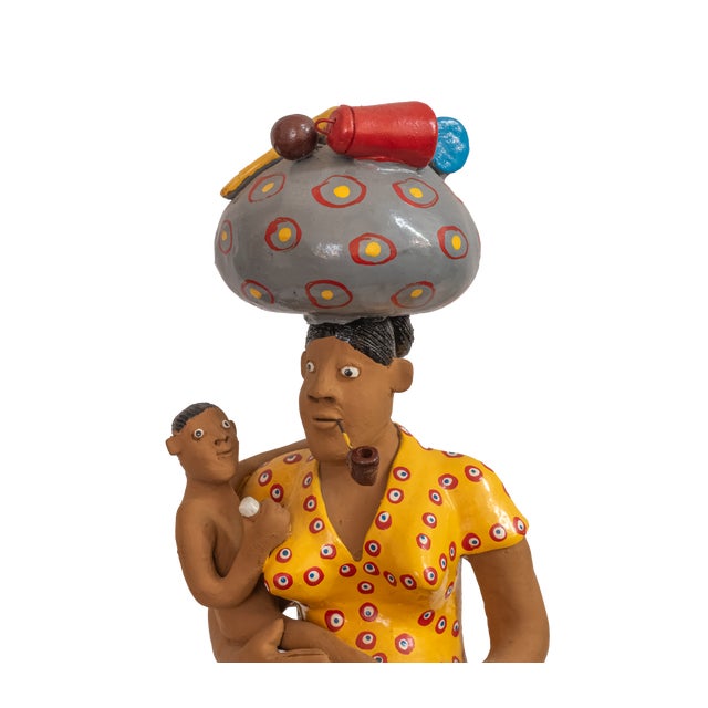 Late 20th Century Vintage Brazilian Folk Art Hand-Painted Clay Sculpture "Woman With Baby" For Sale - Image 5 of 5