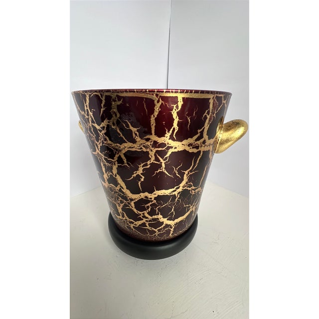 Vintage Italian Wine Red & Gold Splatter Ice Bucket, Hollywood Regency Glass Barware, Burgundy 24k Gold Decor Neiman Marcus Style For Sale - Image 4 of 17