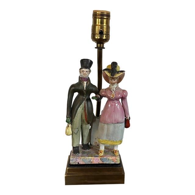 Antique Early 19th Century English Staffordshire Figure of a Regency Couple Mounted as a Table Lamp For Sale