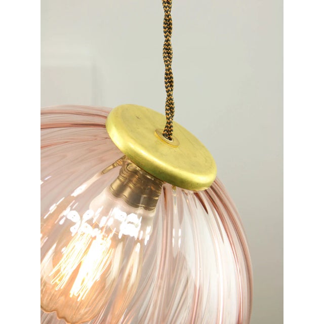 Metal Mid-Century Italian Pink Glass and Brass Pendant Lamp For Sale - Image 7 of 12