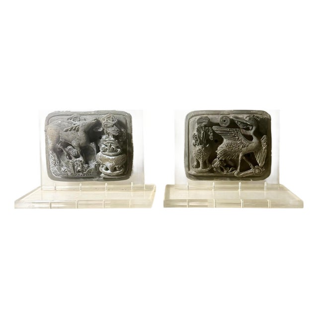 Early 18th Century Chinese Stone Relief Carvings on Custom Lucite Stands - A Pair For Sale