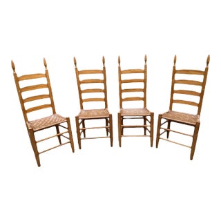 Antique Primitive Shaker Style High Slat Back Side Chairs With Flat Reed Splint Woven Seats - Set of 4 For Sale