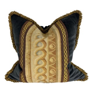 Vintage Plush Velvet and Aubusson Tapestry Pillow. For Sale