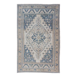 Vintage Turkish Oushak Rug With Geometric Design in Blue, Taupe and Sand For Sale