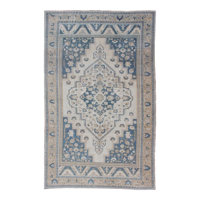 Vintage Turkish Oushak Rug With Geometric Design in Blue, Taupe and Sand For Sale