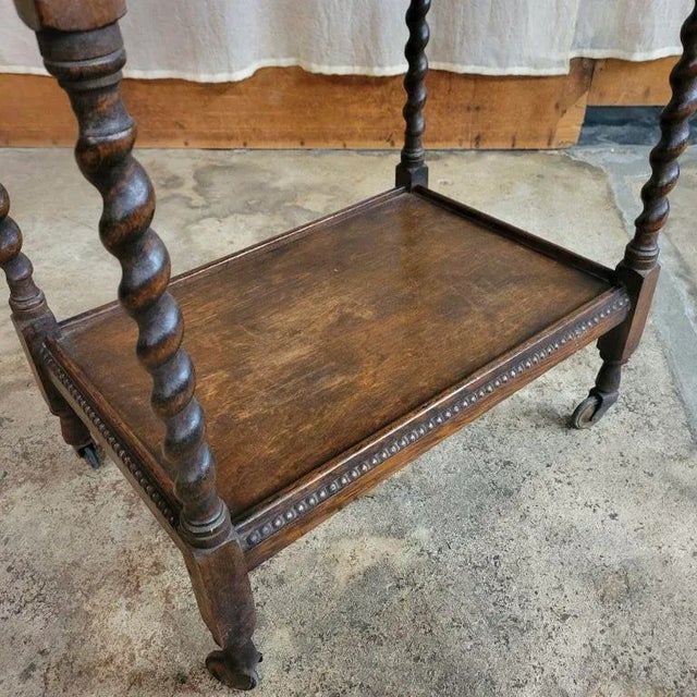 Brown 1920s Antique English Barley Twist Tea Trolley With Drawer For Sale - Image 8 of 13