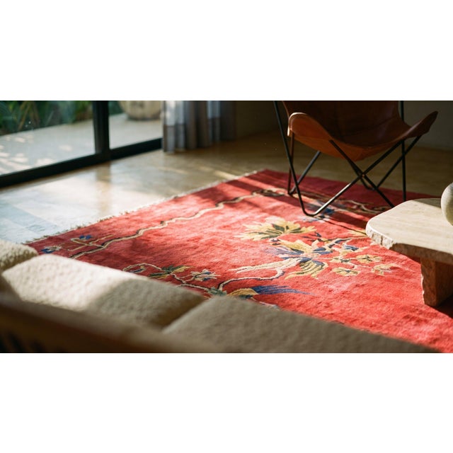 Splendid Red Background With Palmtrees in a Floral Design Antique Chinese Art Deco Rug For Sale - Image 13 of 15
