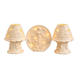 Vintage Ceramic Angel Luminary Set | 3-Piece Star Cutout Candle & Electric Lights For Sale