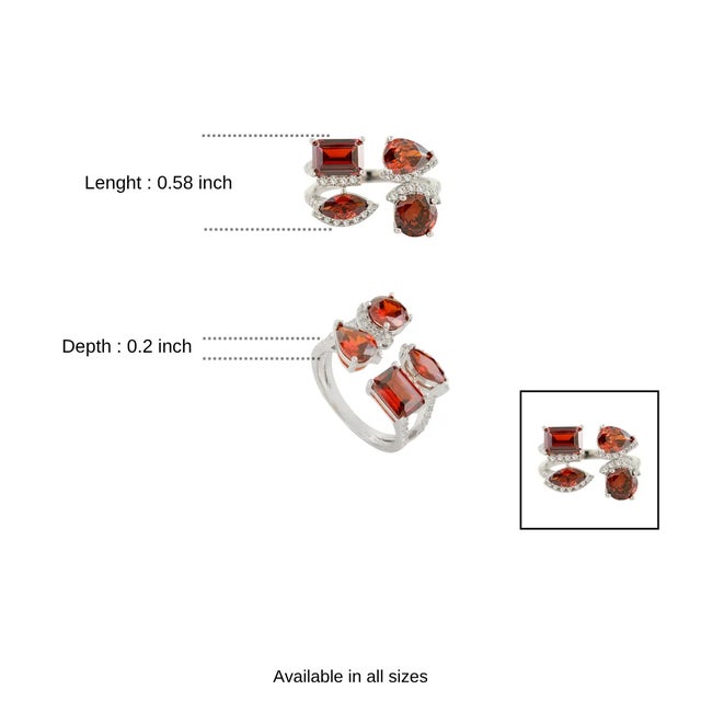 Contemporary Multi-Shape Garnet Gemstone With Cz Open Cuff Ring in Silver Size 8 For Sale - Image 9 of 12