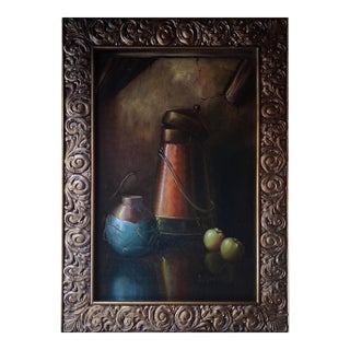 Vintage Realist Still Life Oil Painting With Copper Coffee Pot and Fruit, Signed J. Gardner For Sale