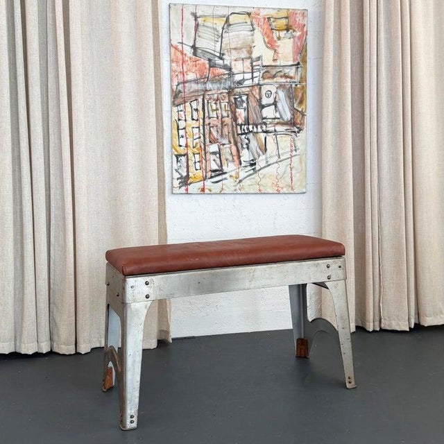 Metal 1940s Custom Industrial Brushed Steel and Leather Bench For Sale - Image 7 of 9