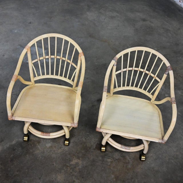 Late 20th Century Coastal Tropical Island Style Cerused Reeded Rattan Rolling & Swivel Chairs a Pair For Sale - Image 12 of 12