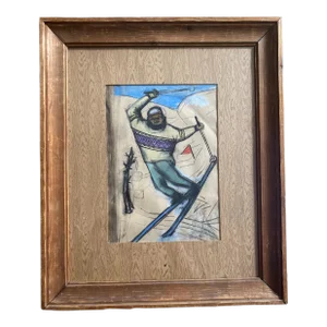 1927 "The Skier" Modern Figurative Sport Original Drawing by Eveline W. Syme, Framed