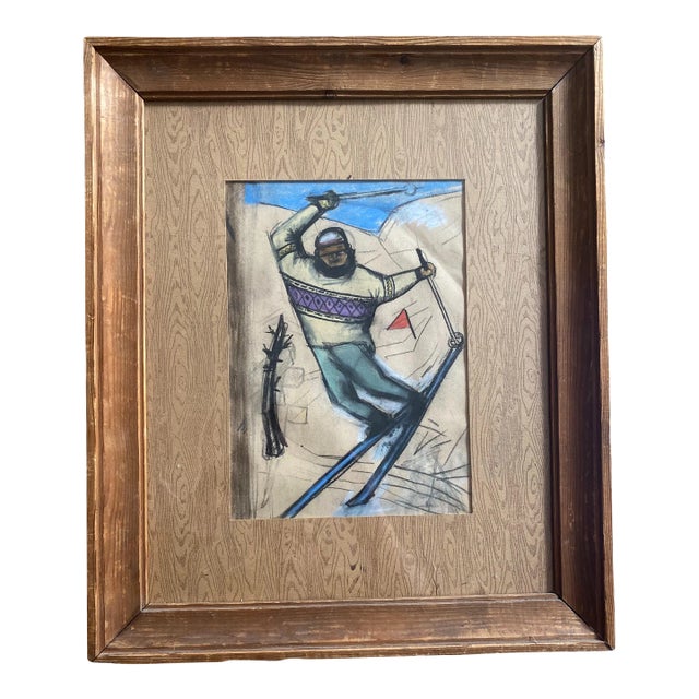 1927 "The Skier" Pastel Drawing by Eveline W. Syme, Framed For Sale
