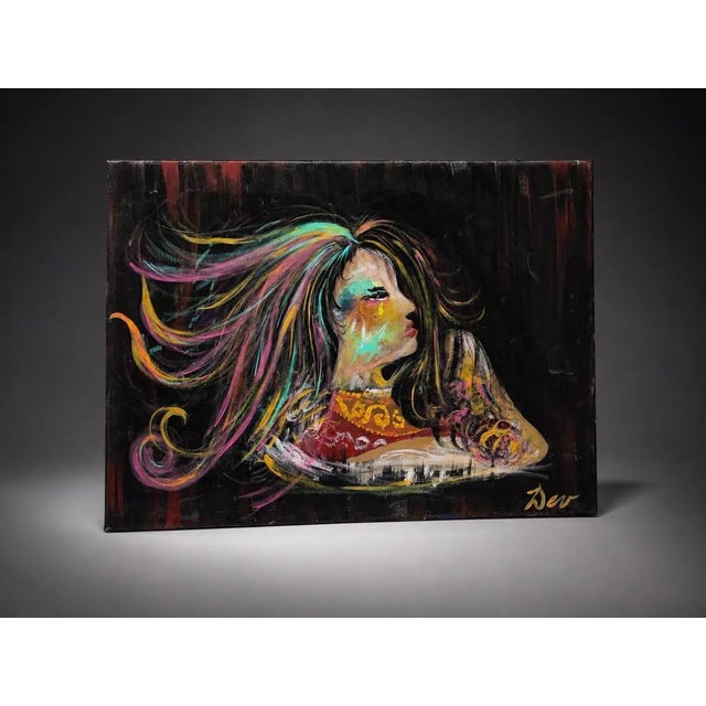 A bold expressive portrait canvas artwork featuring a dramatic female side-profile figure with colorful flowing hair set...