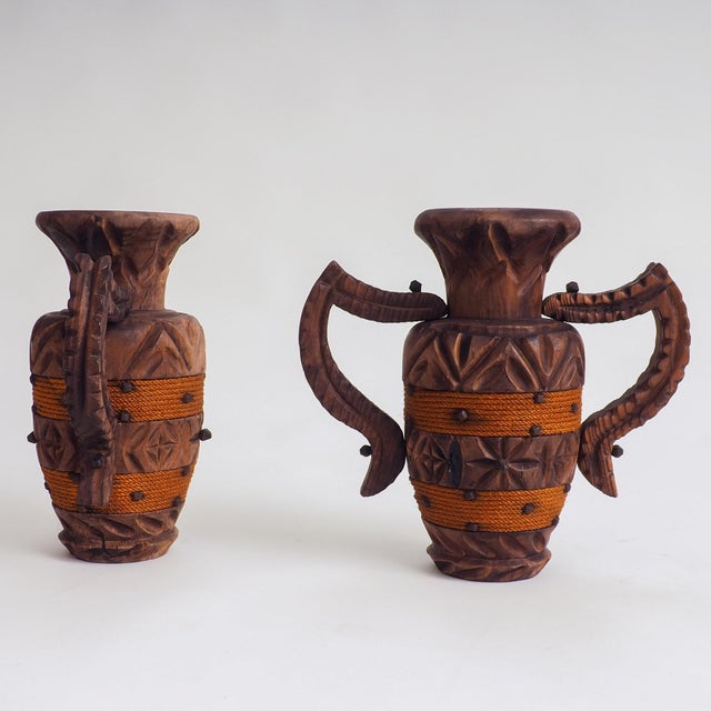 Wood Spanish Brutalist Vases in Wood, 1970s, Set of 2 For Sale - Image 7 of 15