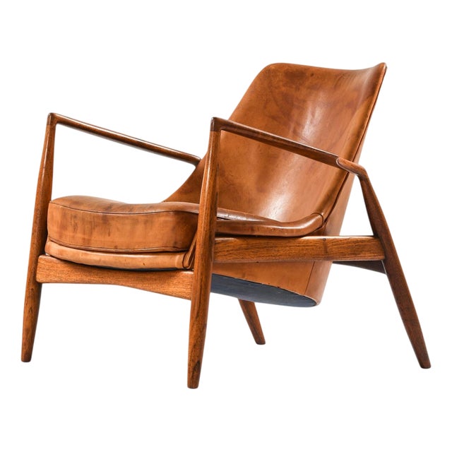 Easy Chair in Teak and Cognac Leather attributed to Ib Kofod-Larsen, 1950s For Sale