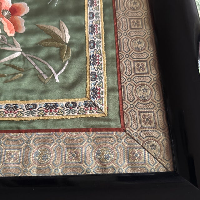 Vintage Asian Embroidered Silk Tapestry Butterfly and Flowers Framed For Sale - Image 4 of 8