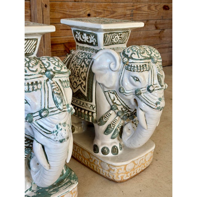 Pair Vintage Chinoiserie Regency Glazed Terracotta Ceramic Elephant Garden Seat Side Tables For Sale - Image 10 of 12