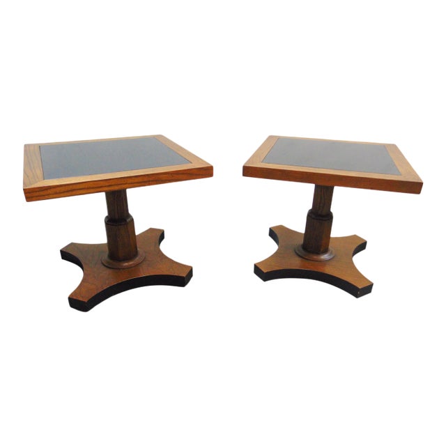 Baker Mid-Century Modern Oak/ Slate Side Tables - a Pair For Sale