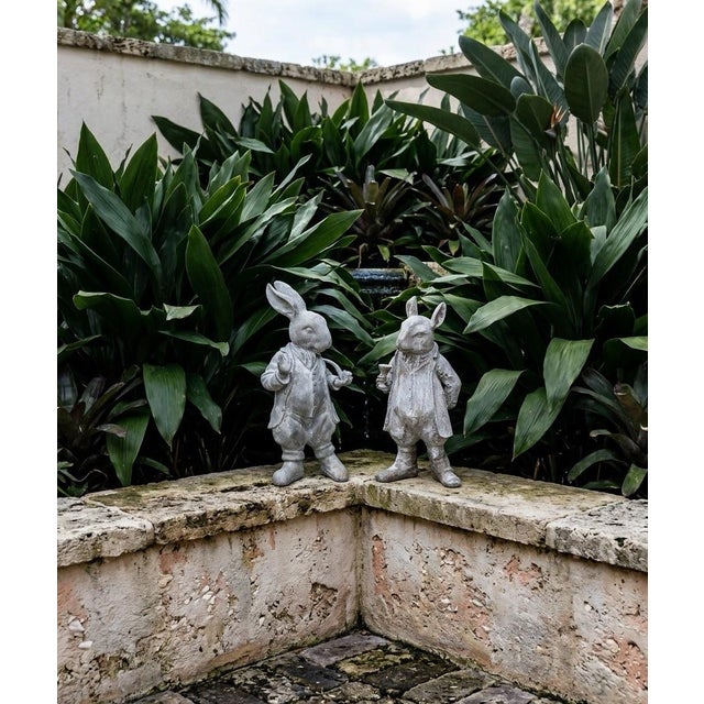 Metal Vintage Cast Iron Gentleman Rabbit Garden Statues - Set of 2 Dapper Hare Figures (Pipe & Goblet) For Sale - Image 7 of 12