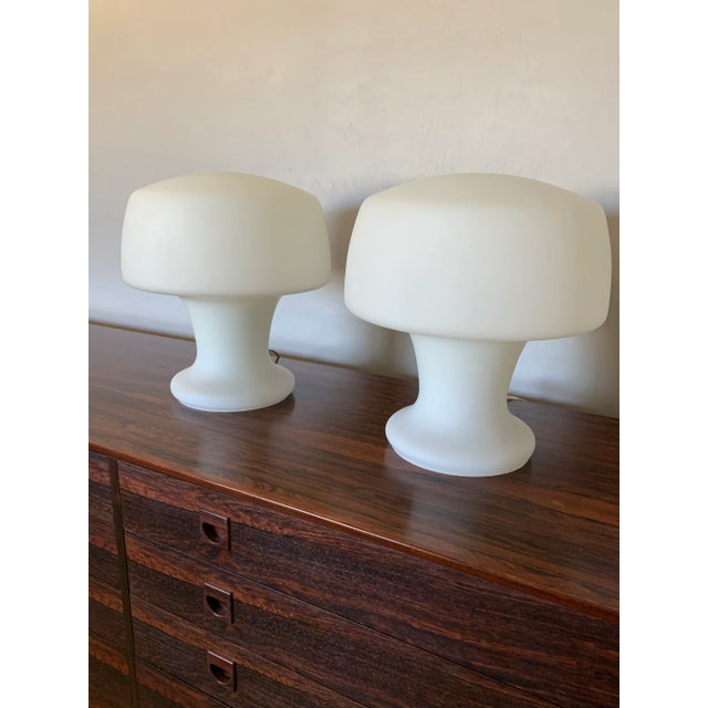 Fantastic pair of Laurel studio mushroom table lamps. Hand Blown opaque white glass forms a unique sculptural mushroom...