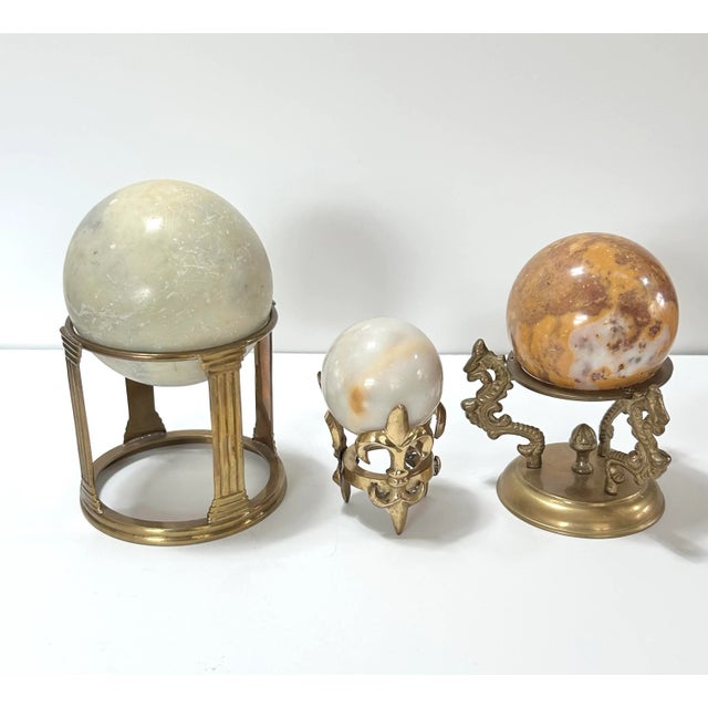 English 1980s Stone Spheres on Brass Pedestal - Set of 3 For Sale - Image 3 of 11