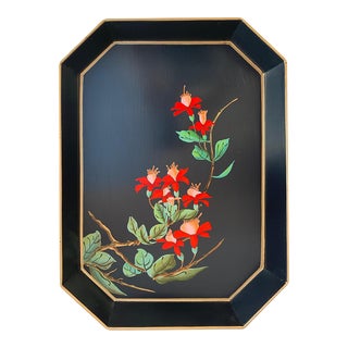 Les Ottomans Flora Red Flower Handpainted Iron Tray in Black For Sale