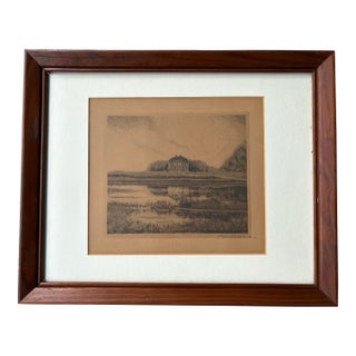 Antique Signed Landscape Etching in Original Wood Frame, C. 1920 For Sale