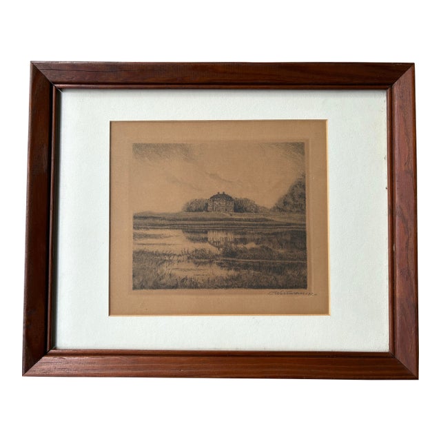 Antique Signed Landscape Etching in Original Wood Frame, C. 1920 For Sale