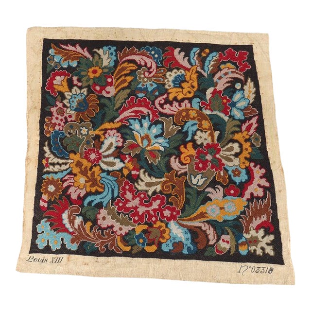 Antique French Louis XIII Floral Needlepoint Tapestry Numbered 19thC For Sale
