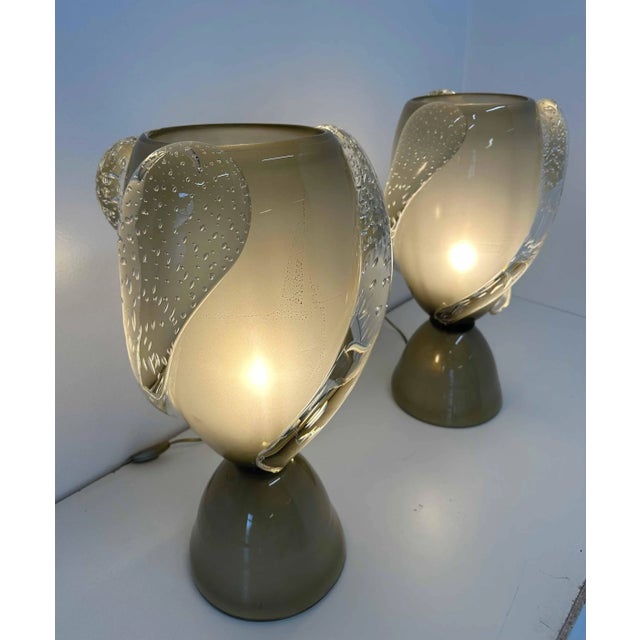 Art Deco Italian Grey and Gold Leaf Murano Glass Vase Lamps, 2000s, Set of 2 For Sale - Image 9 of 11