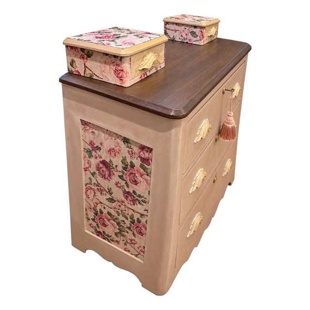 19th Century French Country Romantic Blush Dresser With Floral Decoupage & Matching Jewelry Boxes For Sale