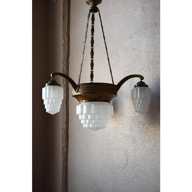 Metal Art Deco Brass and Frosted Pressed Glass Chandelier, 1920s For Sale - Image 7 of 18