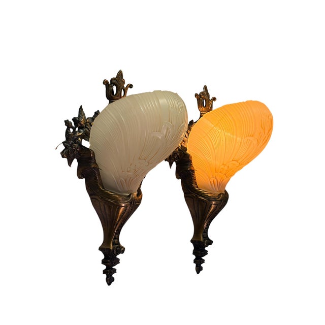 1930s Cast Bronze Wall Sconces With Ivory Art Deco Shades Original Finish - Pair For Sale In Los Angeles - Image 6 of 15