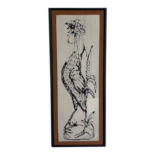 1960s Original Painting of a Rooster in the Style of Picasso Signed For Sale