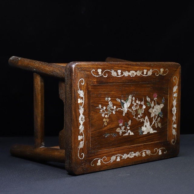 Brown Vintage Chinese Huali Rosewood Mother-of-Pearl Inlaid "Magpie on Plum" Stool / Low Table For Sale - Image 8 of 9