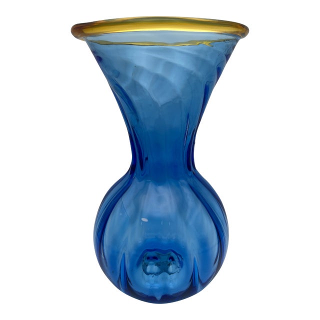 Vintage Blenko Hand-Blown Cobalt Blue Art Glass Vase With Amber Rim, Mid-Century Modern For Sale