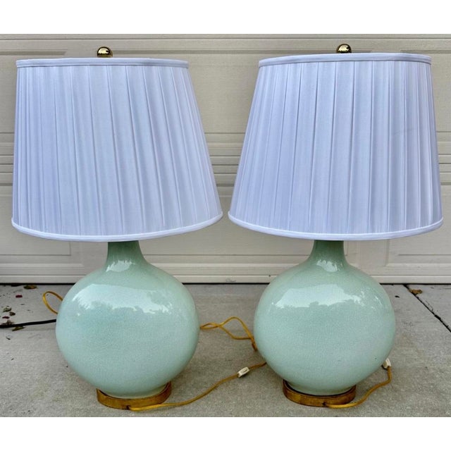 Schumacher Mid 20th Century F. Schumacher & Co. Large Celadon Green Porcelain Table Lamps - a Pair For Sale - Image 4 of 18