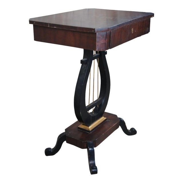 Antique Duncan Phyfe Style Crotch Mahogany & Ebony Lyre Pedestal Sewing Table For Sale
