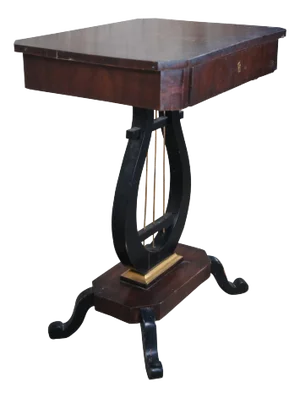 Antique Duncan Phyfe Style Crotch Mahogany & Ebony Lyre Pedestal Sewing Table