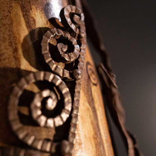 Art Deco Salted Stoneware Shell Vase with Wrought Iron Frame by Roger Guerin & Francois Carion, 1920 For Sale - Image 6 of 16